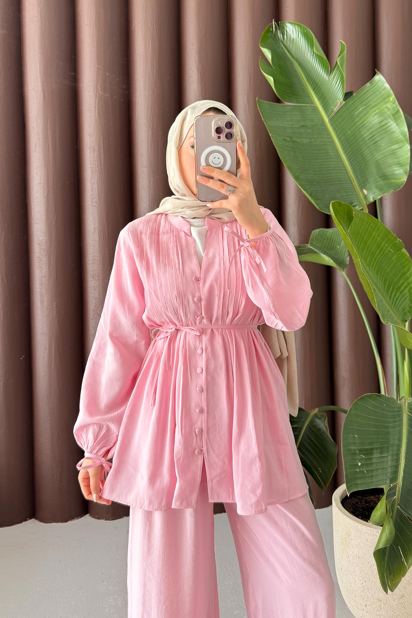 Micro Düğmeli Takım Pembe