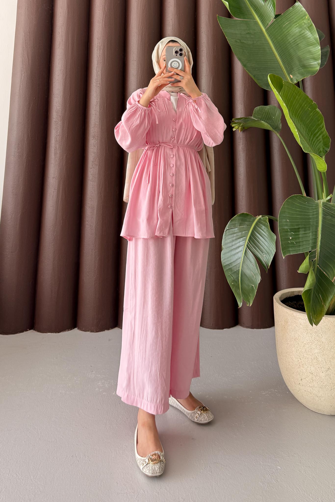 Micro Düğmeli Takım Pembe