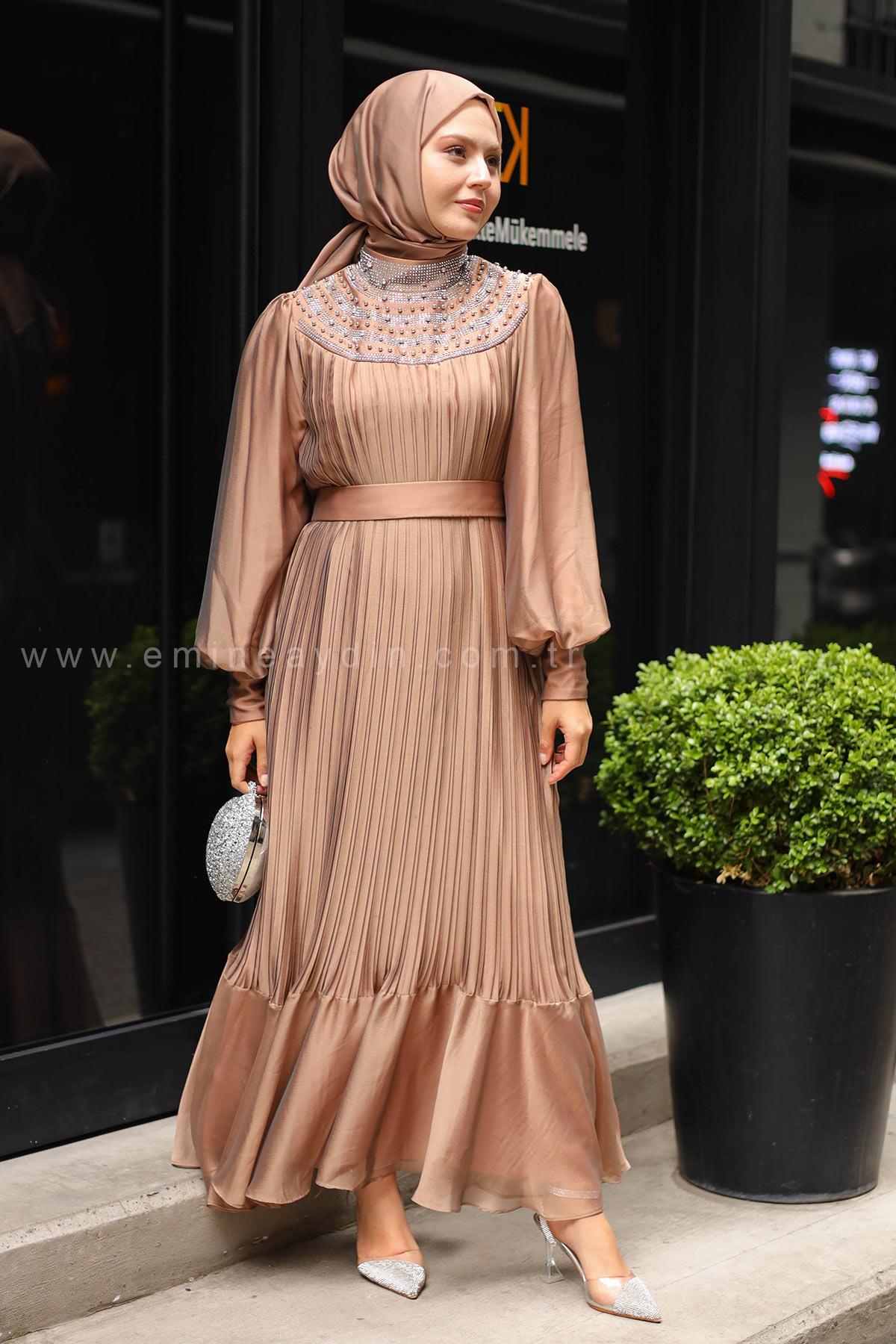 Stone Collar Diamond Evening Dress Tan
