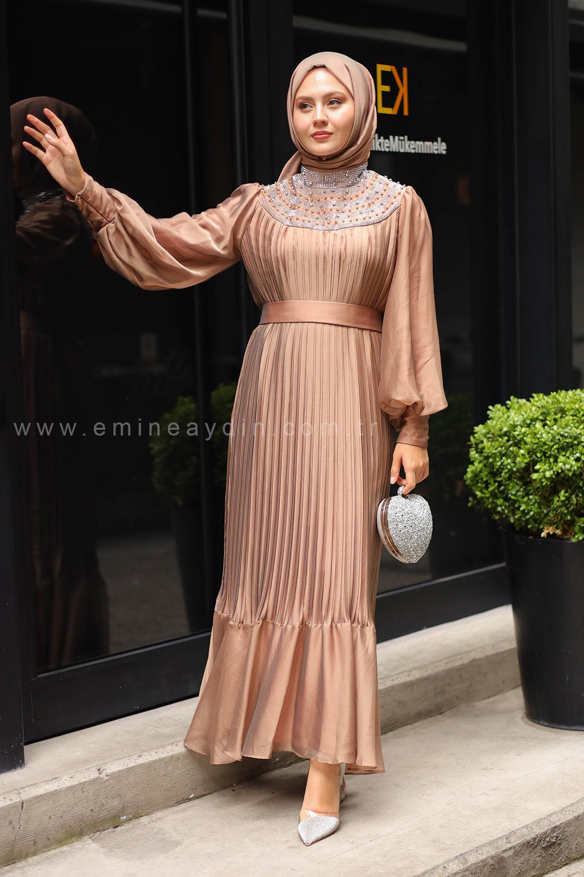 Stone Collar Diamond Evening Dress Tan