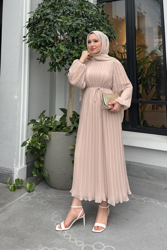 Seyran Piliseli Elbise Bej