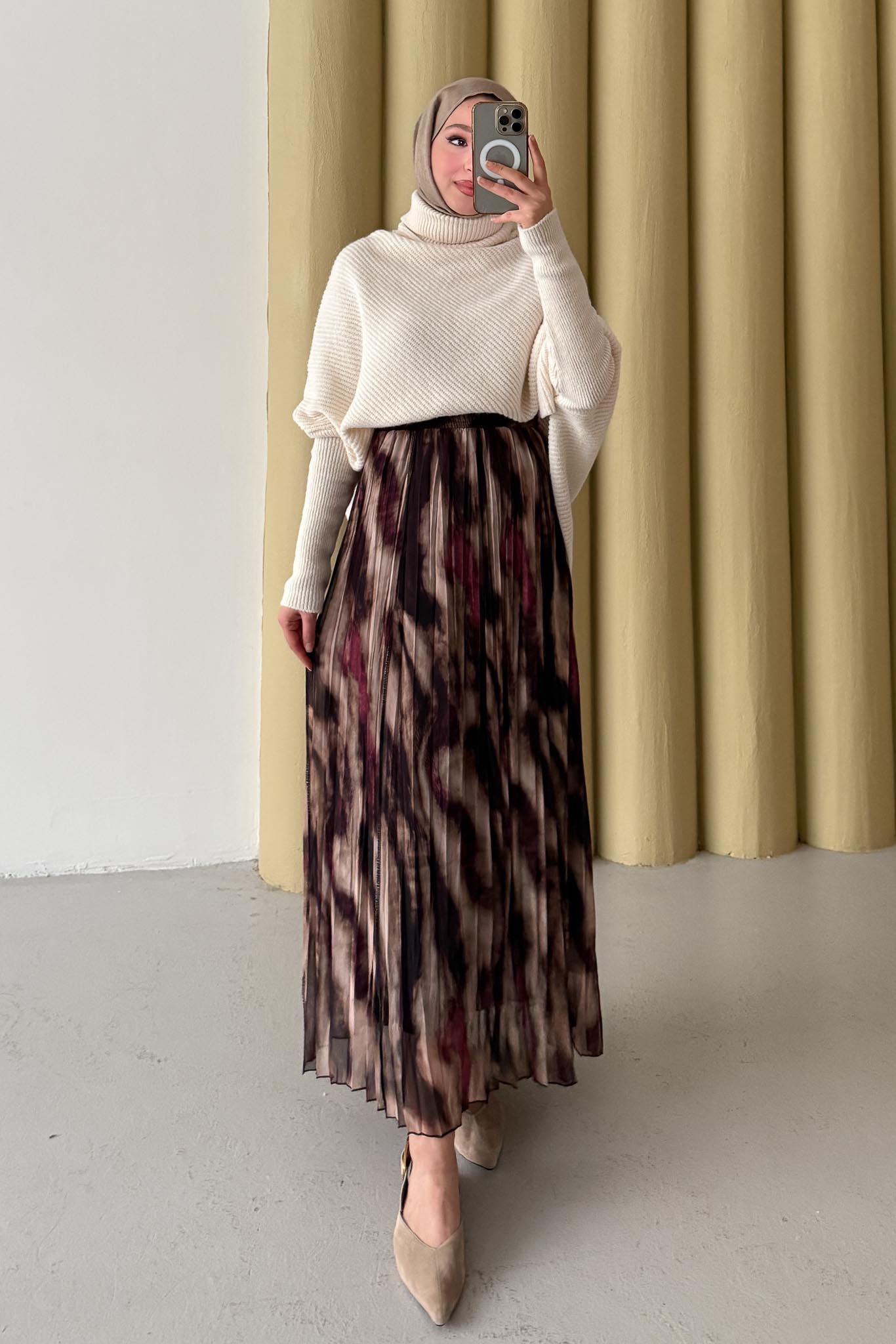 Tablo Desenli Etek Bordo