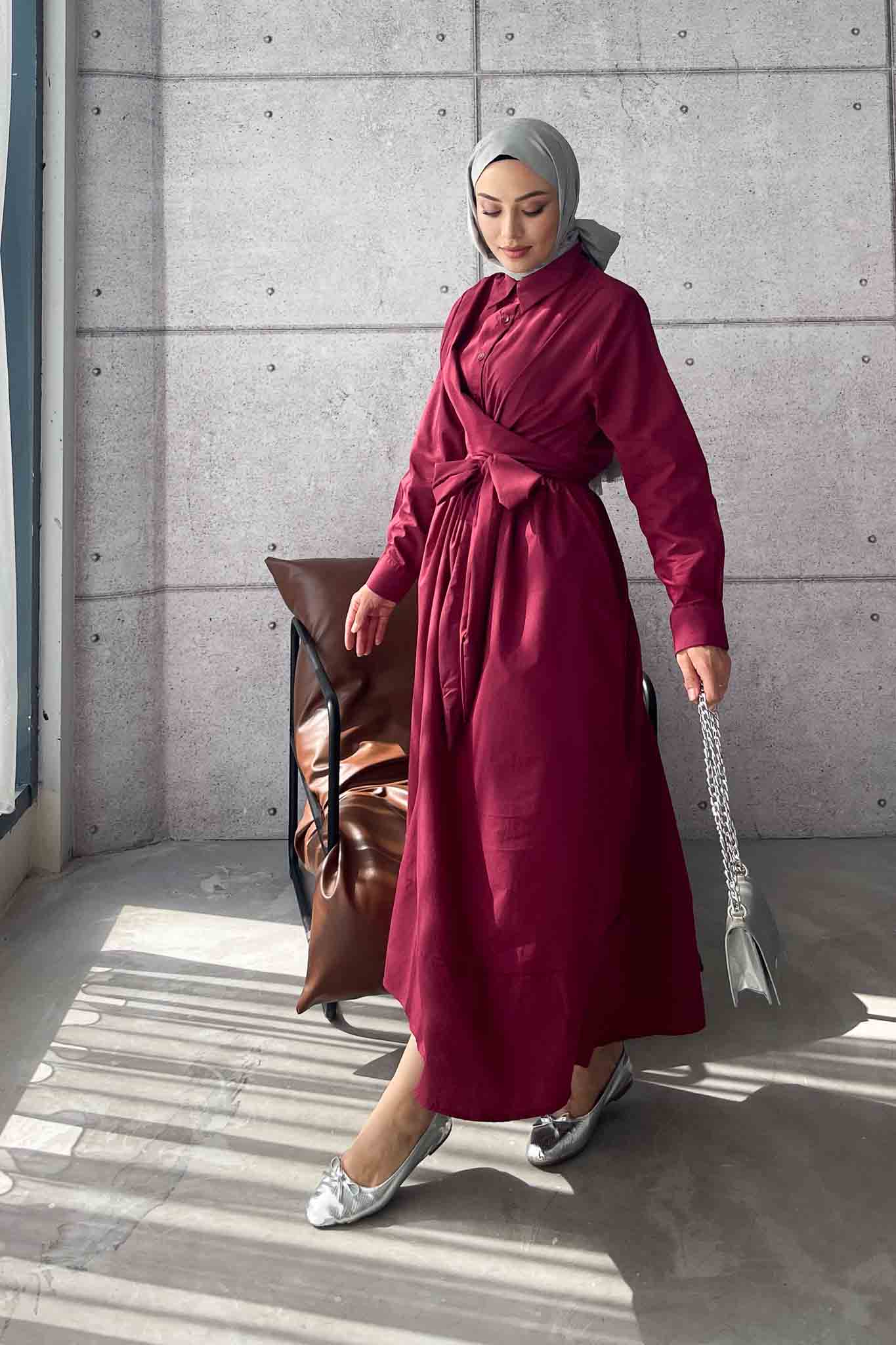 Live Belden Bağlamalı Elbise Bordo