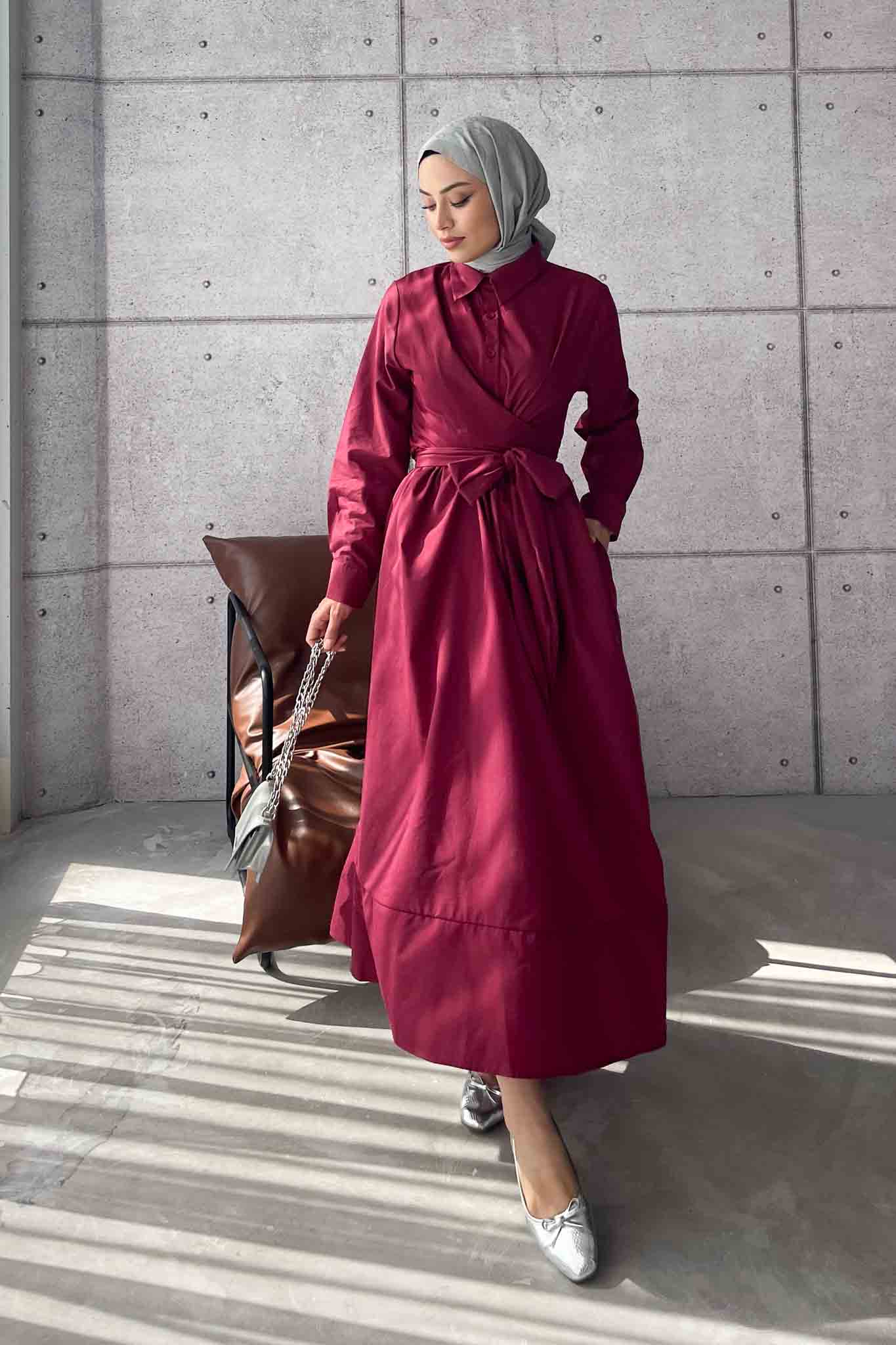 Live Belden Bağlamalı Elbise Bordo