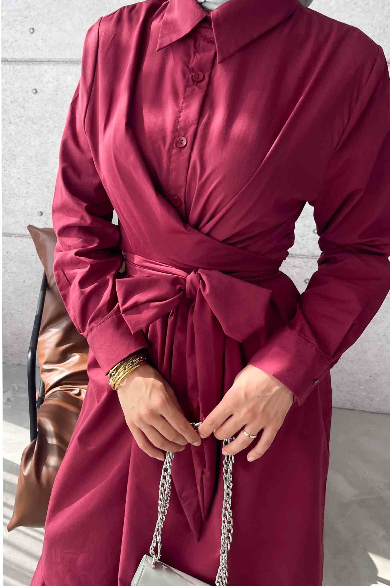 Live Belden Bağlamalı Elbise Bordo