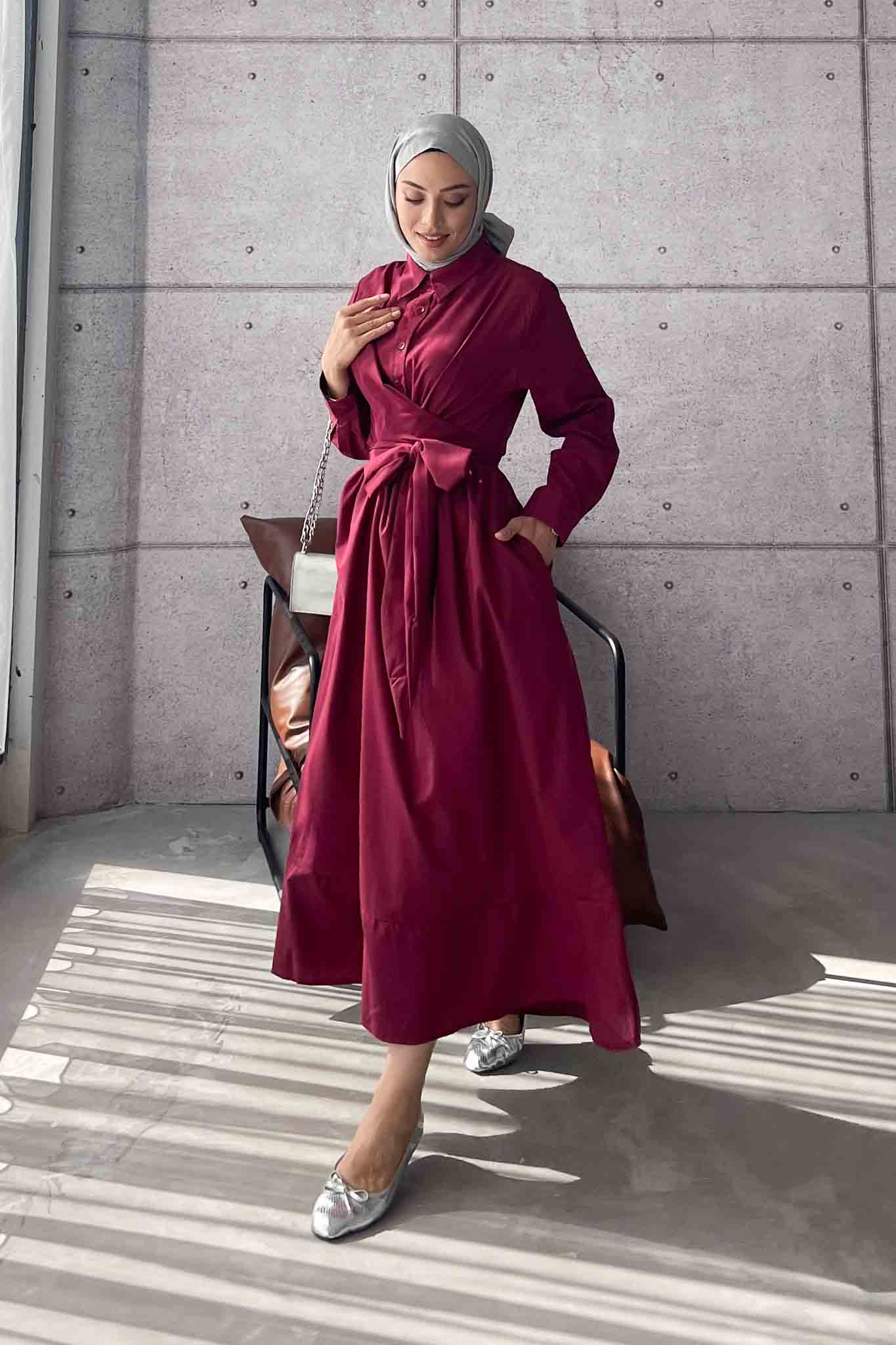 Live Belden Bağlamalı Elbise Bordo