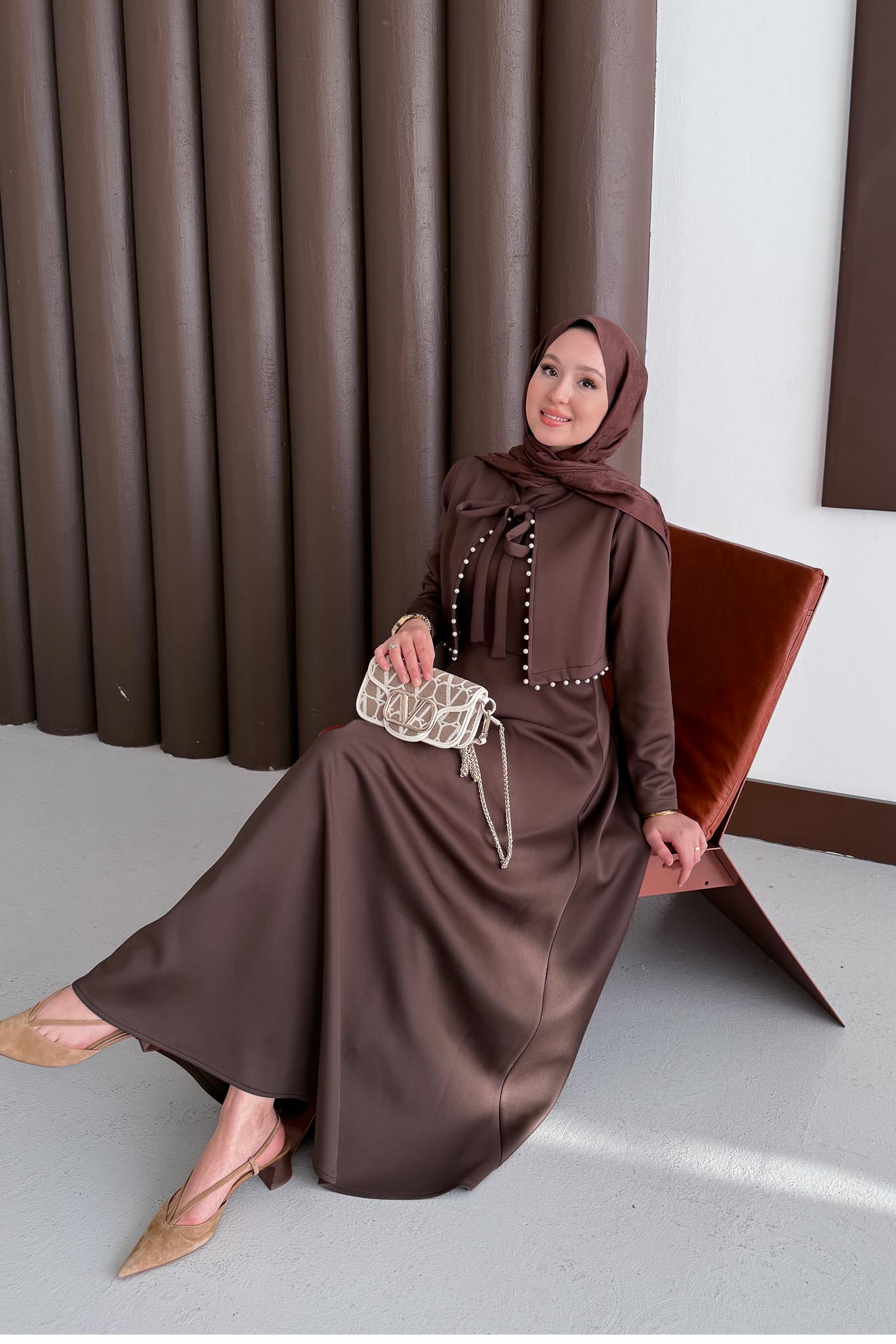 İncili Scuba Elbise Kahverengi