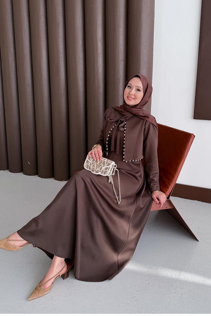 İncili Scuba Elbise Kahverengi