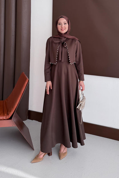 İncili Scuba Elbise Kahverengi