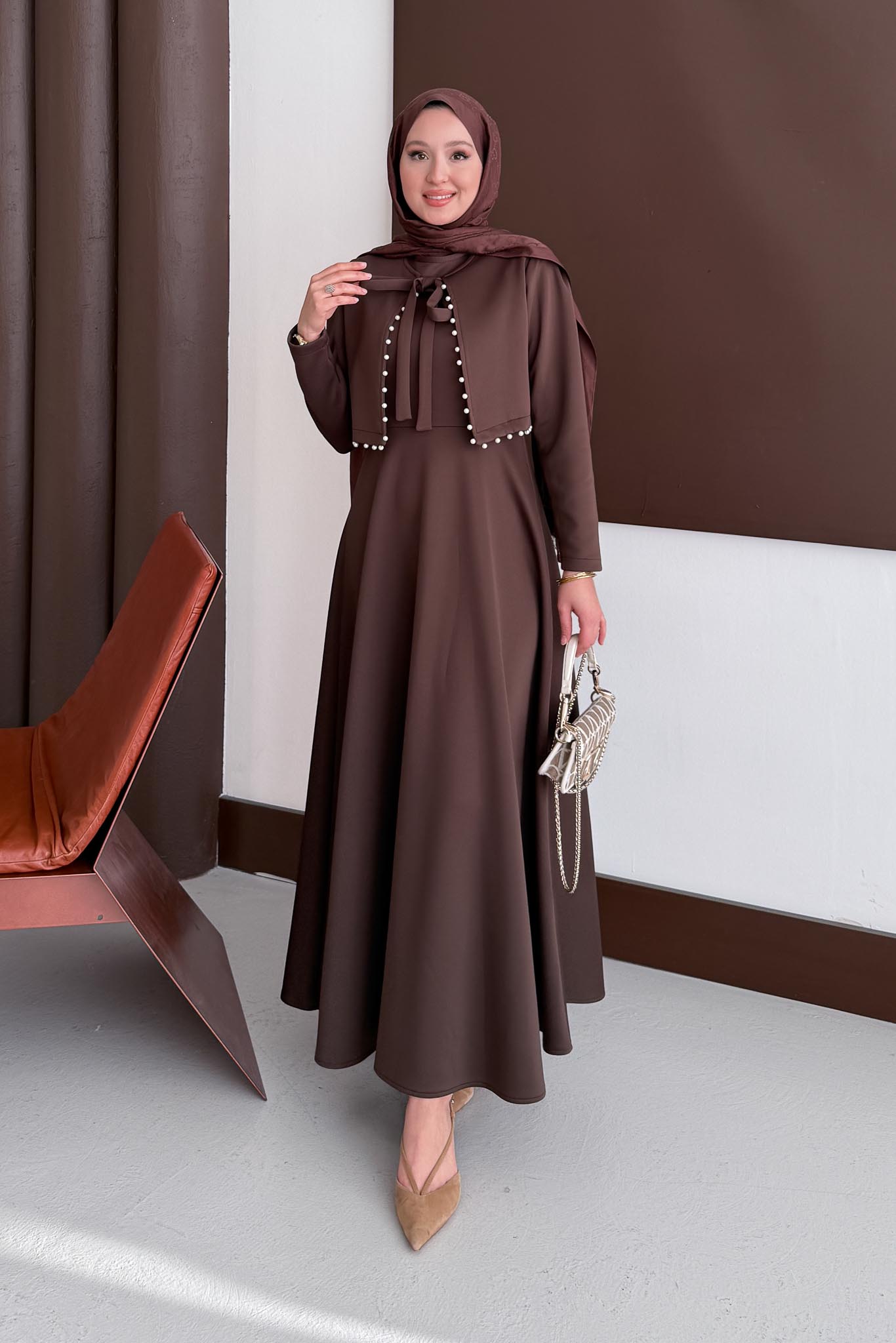 İncili Scuba Elbise Kahverengi