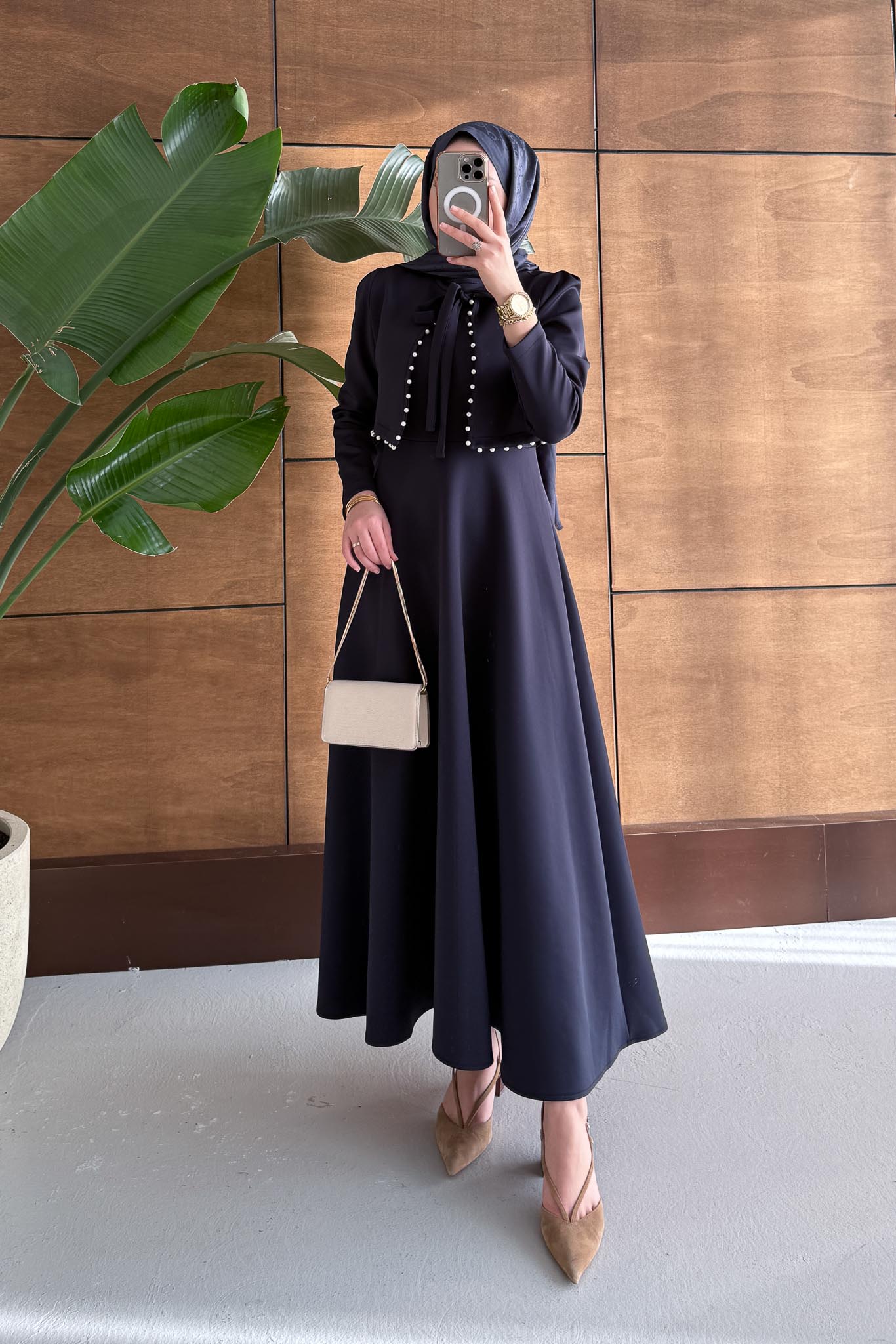 İncili Scuba Elbise Lacivert