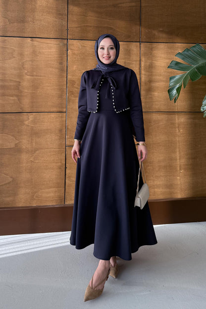 İncili Scuba Elbise Lacivert