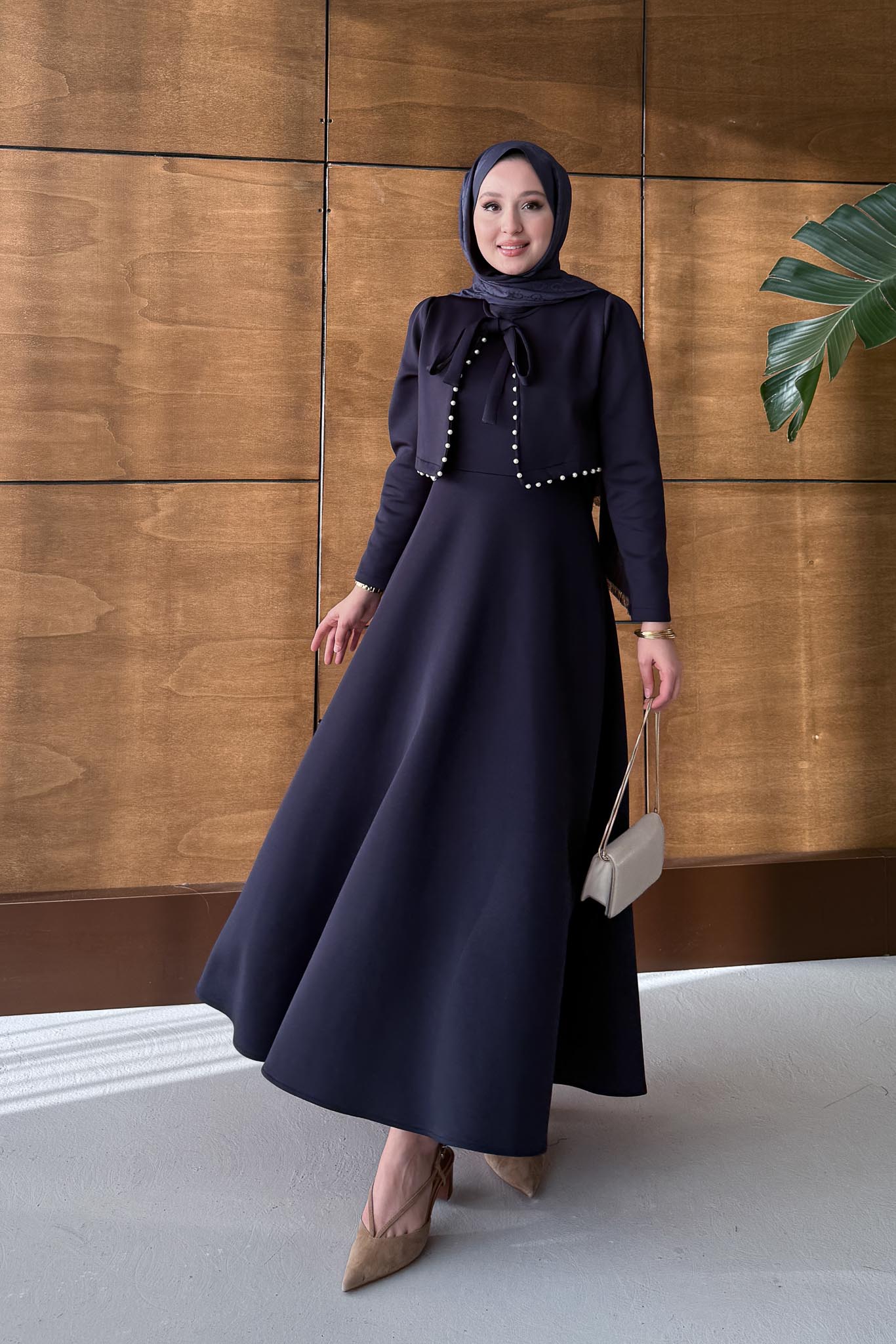 İncili Scuba Elbise Lacivert