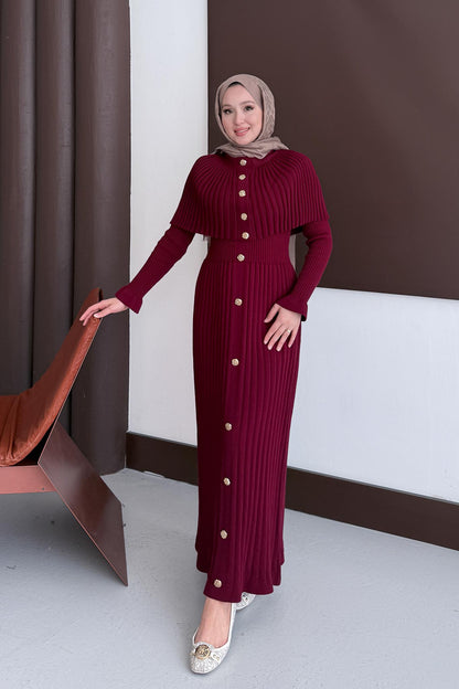 Pelerin Broş Düğmeli Elbise Bordo