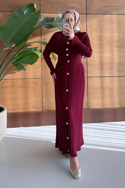 Pelerin Broş Düğmeli Elbise Bordo