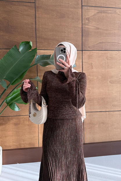 Parıltı Simli Etek Takım Kahverengi