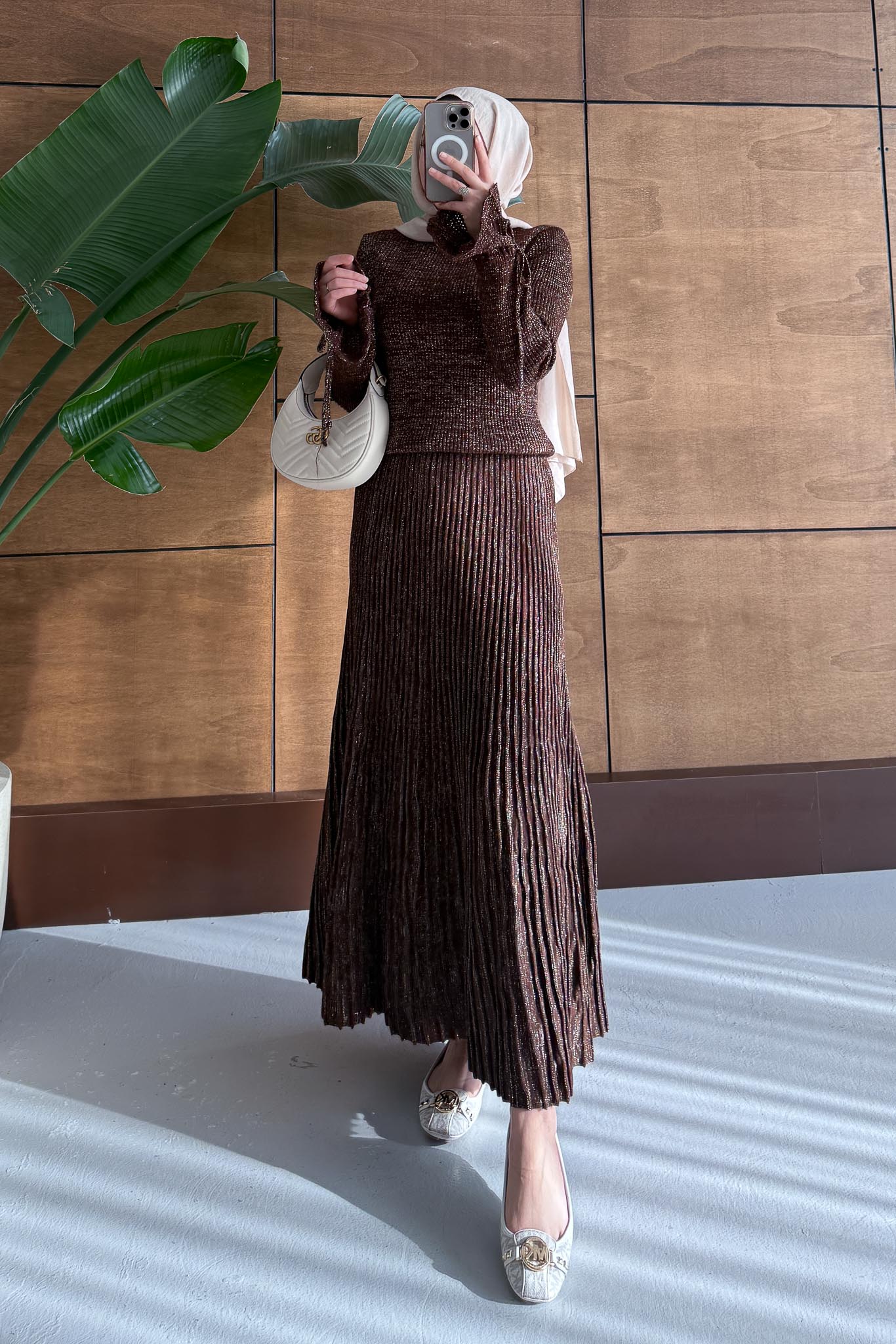 Parıltı Simli Etek Takım Kahverengi