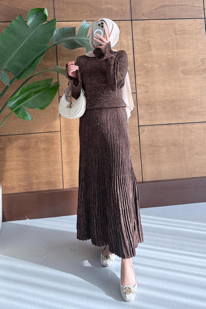 Parıltı Simli Etek Takım Kahverengi