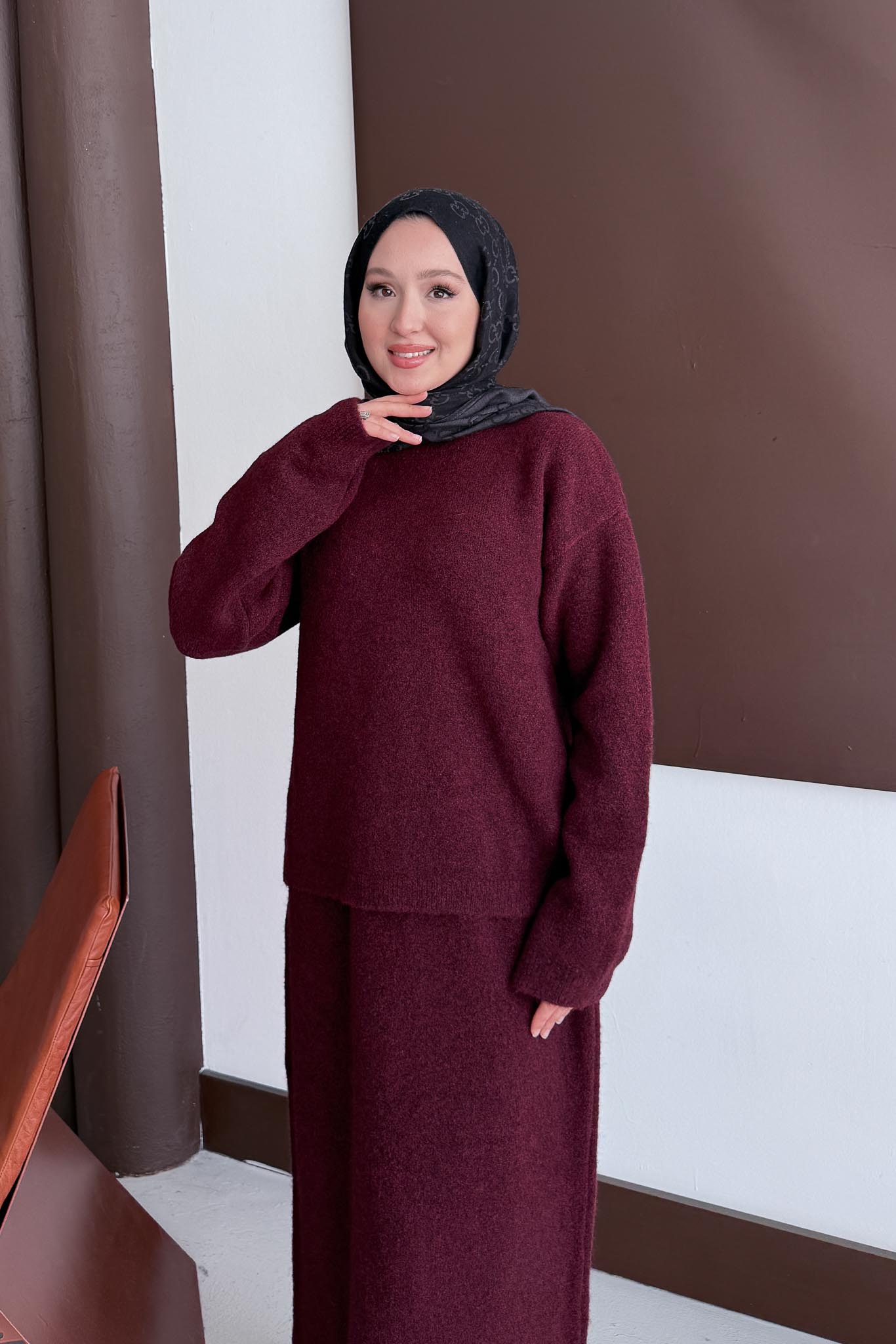 Diaz Angora Dokulu Etek Takım Bordo