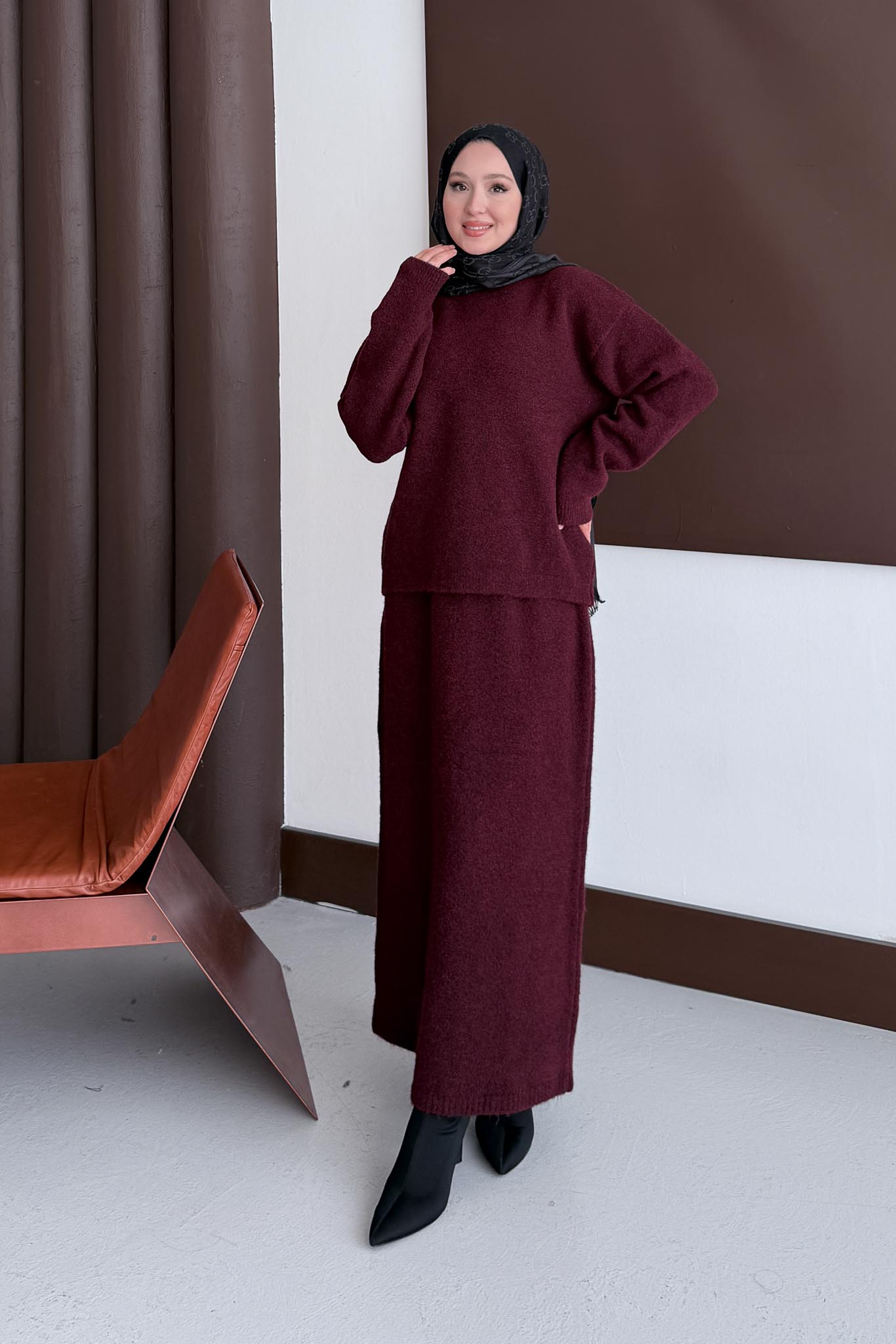 Diaz Angora Dokulu Etek Takım Bordo