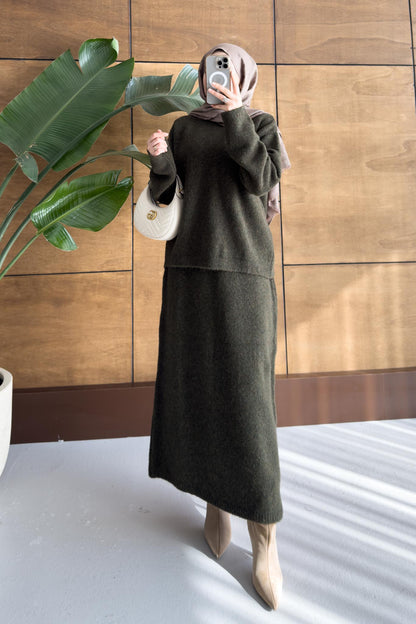 Diaz Angora Dokulu Etek Takım Haki