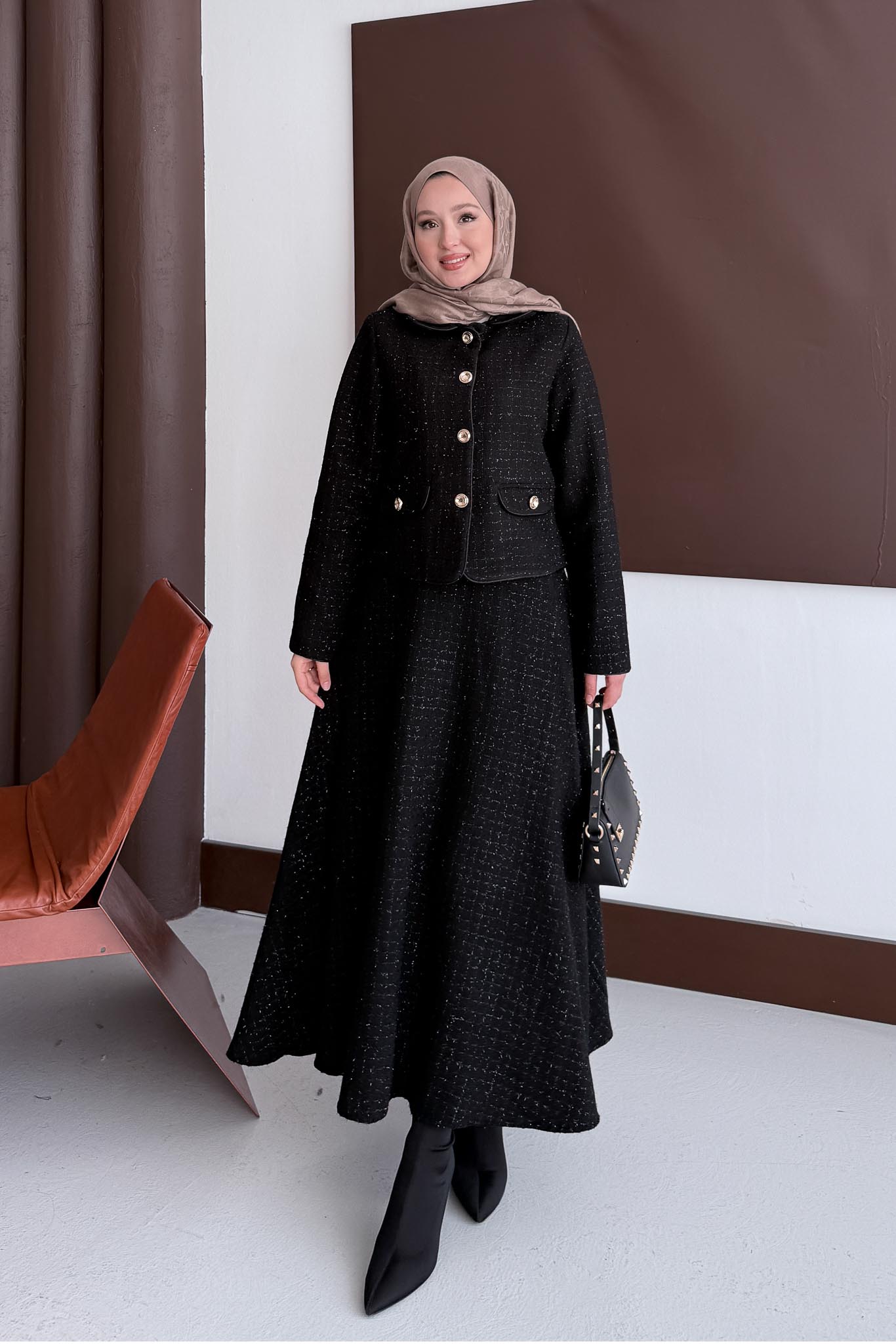 Woven Tweed Skirt Suit Navy Blue
