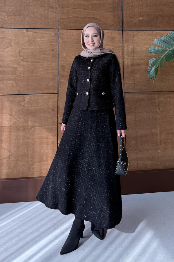 Woven Tweed Skirt Suit Navy Blue