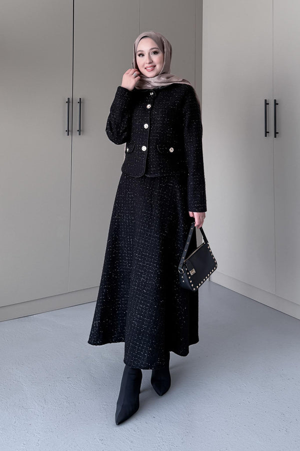 Woven Tweed Skirt Suit Navy Blue