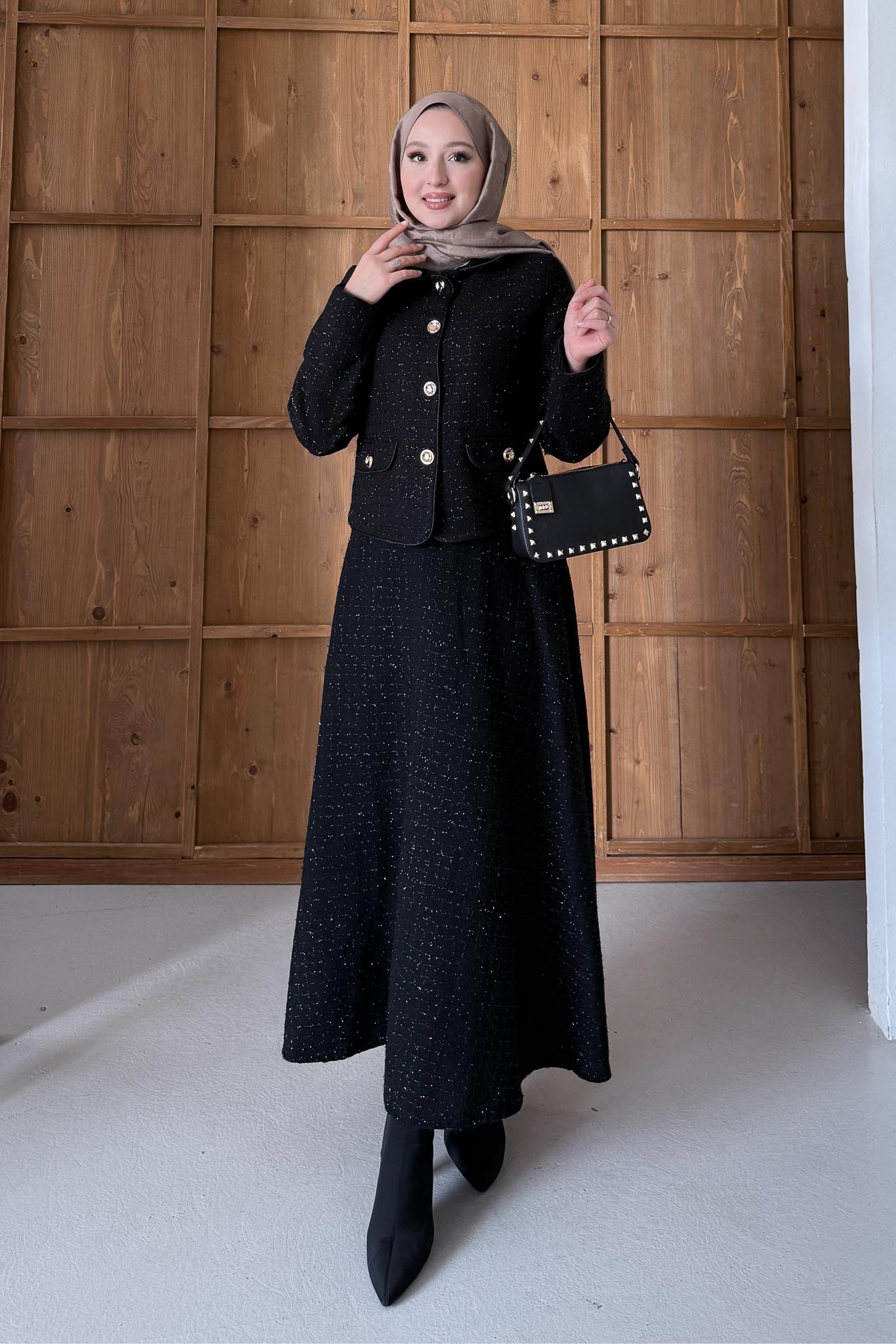 Woven Tweed Skirt Suit Navy Blue