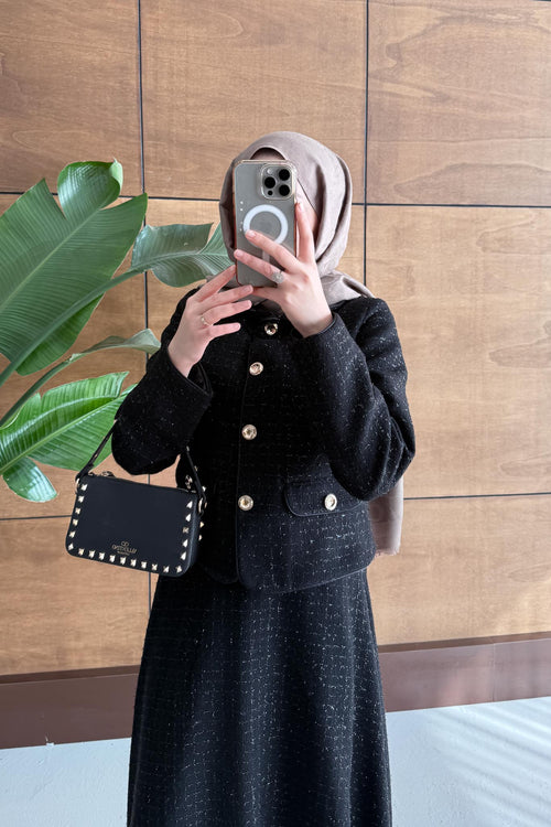 Woven Tweed Skirt Suit Navy Blue