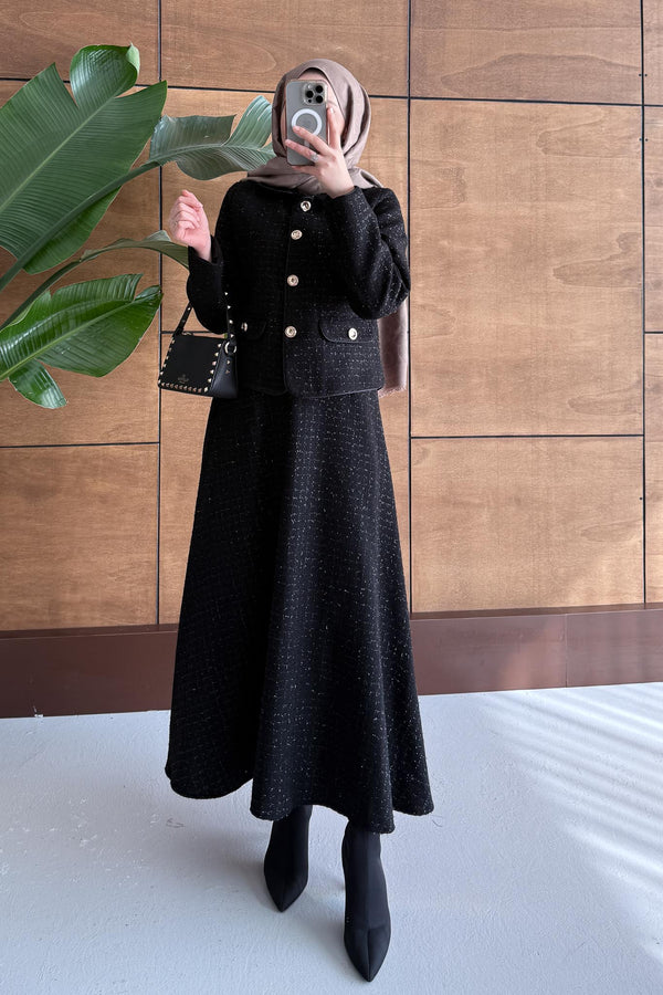 Woven Tweed Skirt Suit Navy Blue