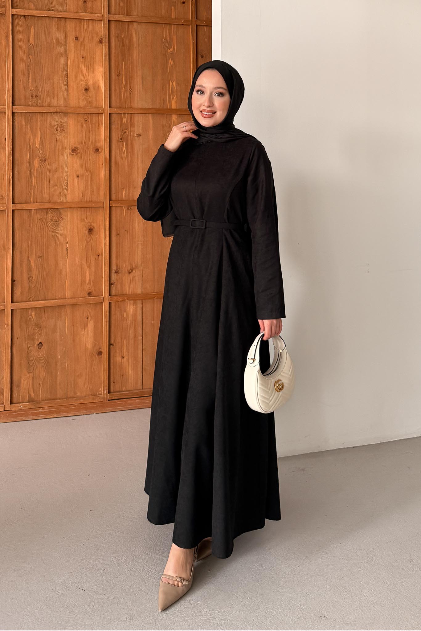 Süet Kemerli Elbise Siyah