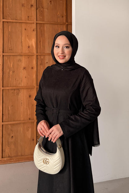 Süet Kemerli Elbise Siyah