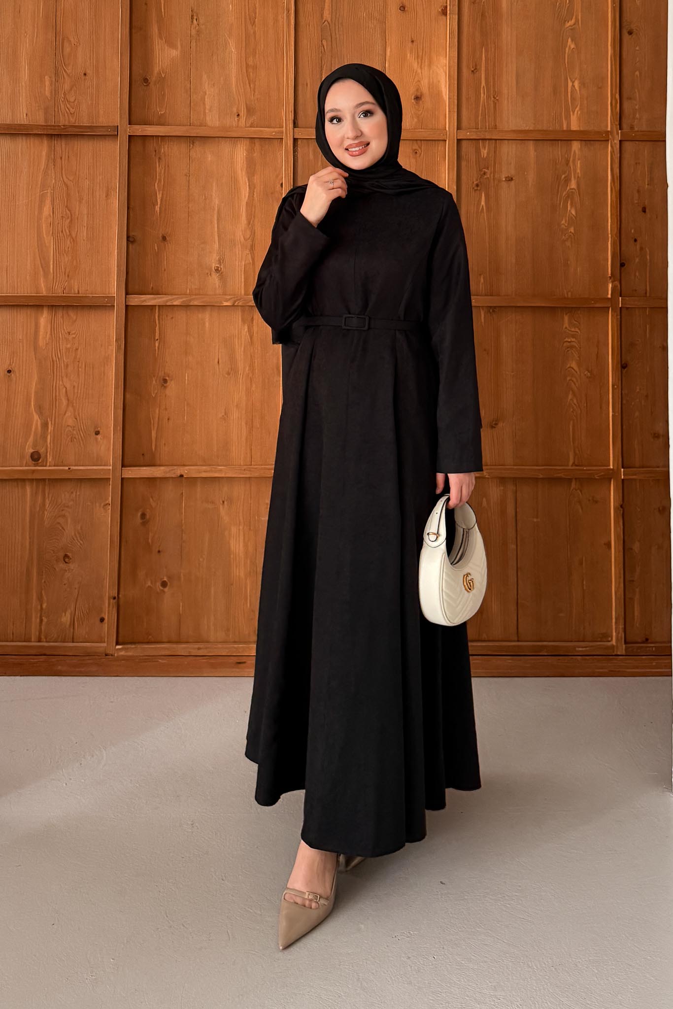 Süet Kemerli Elbise Siyah