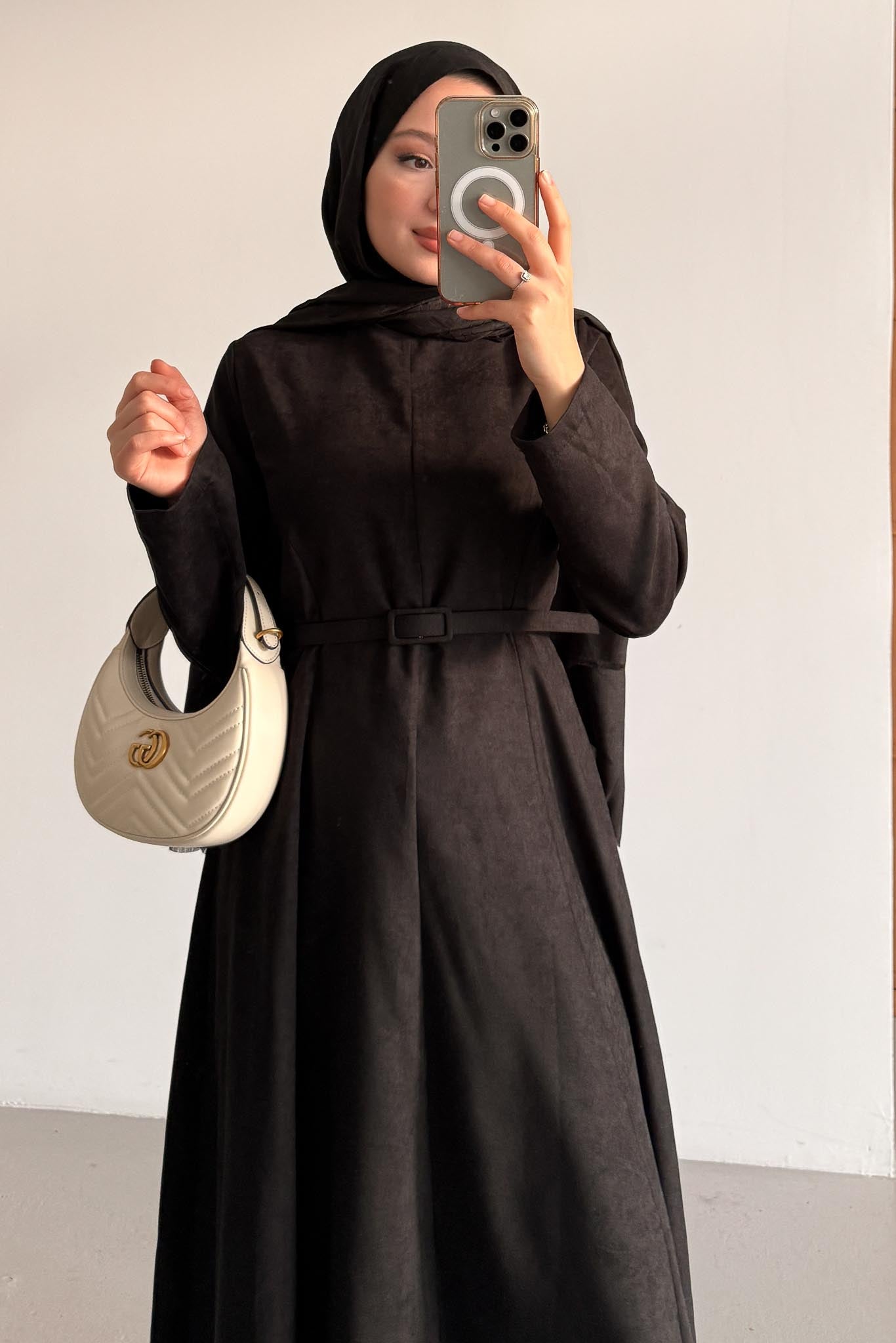 Süet Kemerli Elbise Siyah