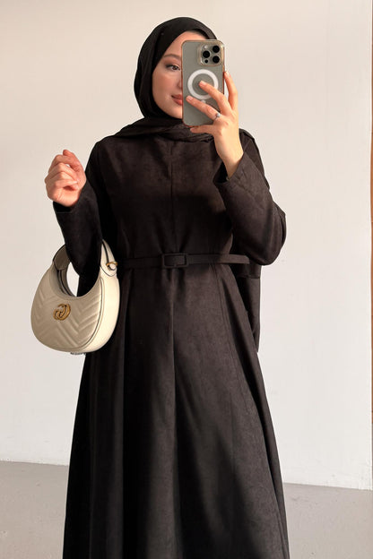 Süet Kemerli Elbise Siyah