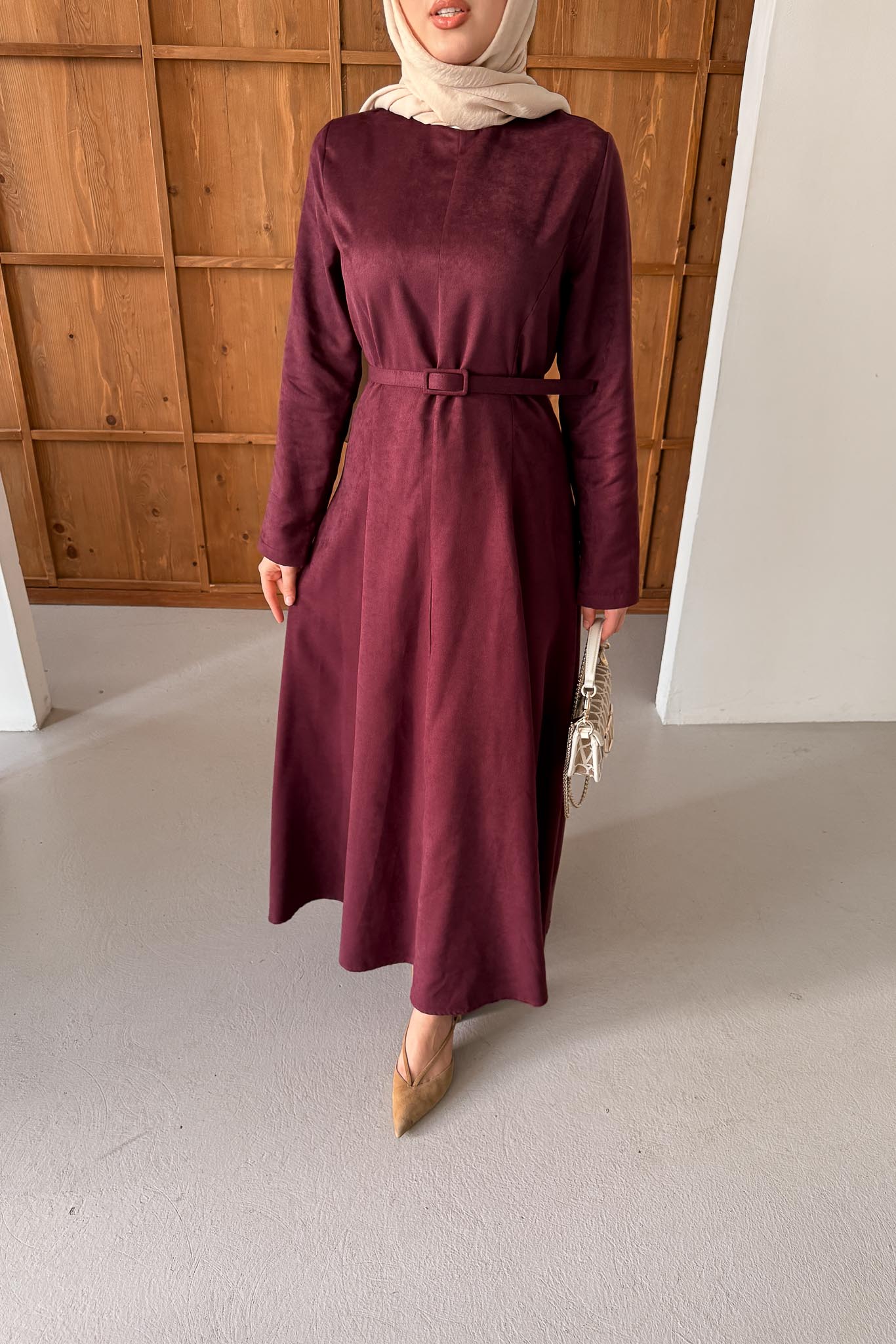Süet Kemerli Elbise Bordo