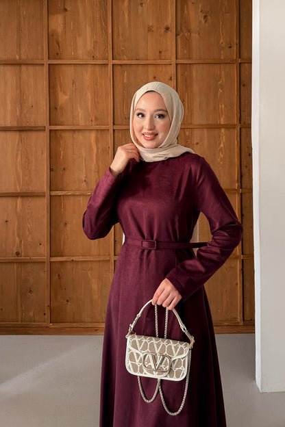 Süet Kemerli Elbise Bordo