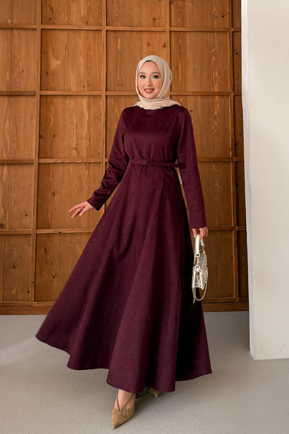 Süet Kemerli Elbise Bordo