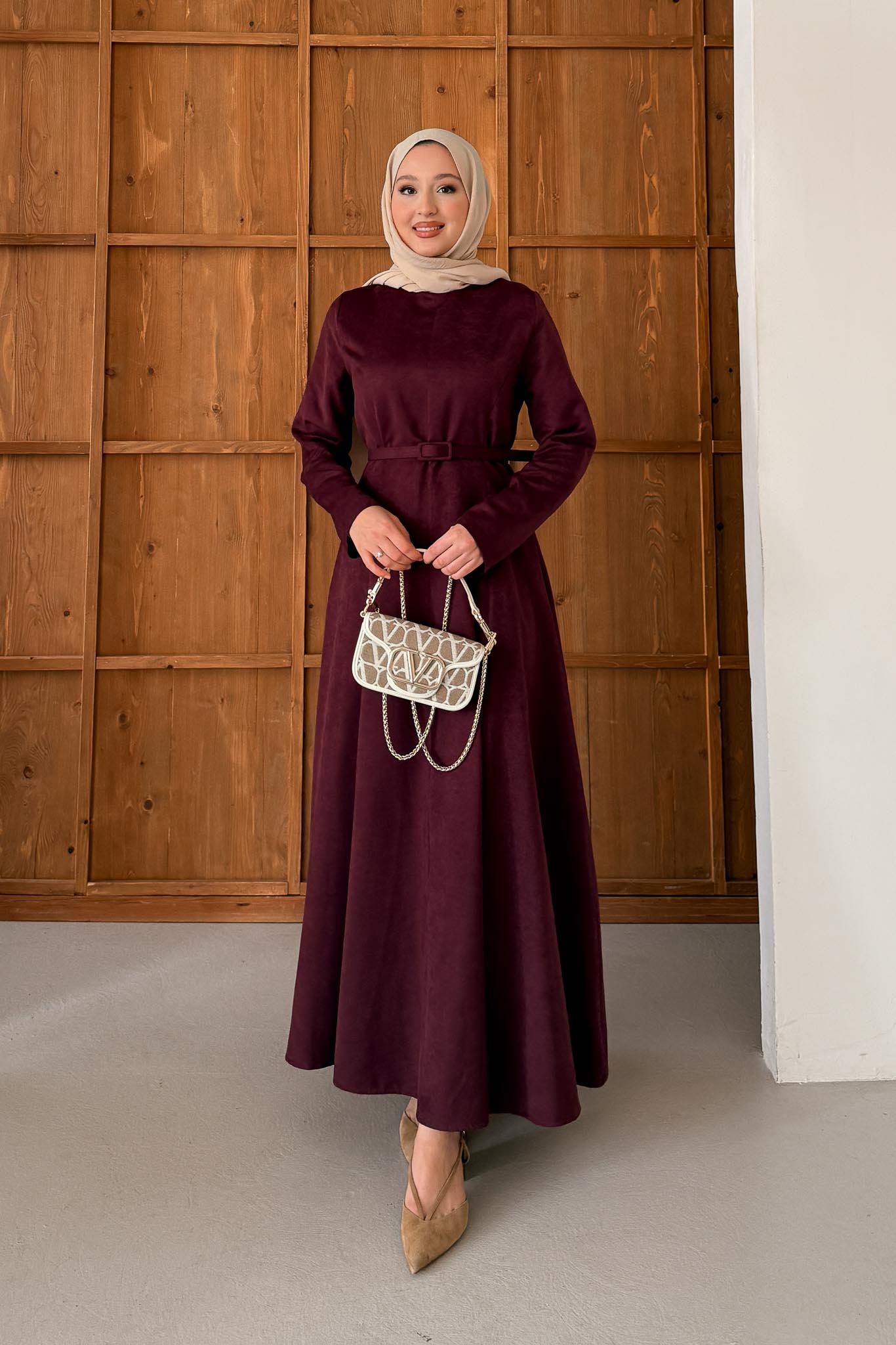 Süet Kemerli Elbise Bordo