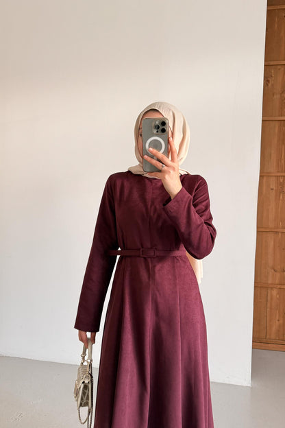 Süet Kemerli Elbise Bordo