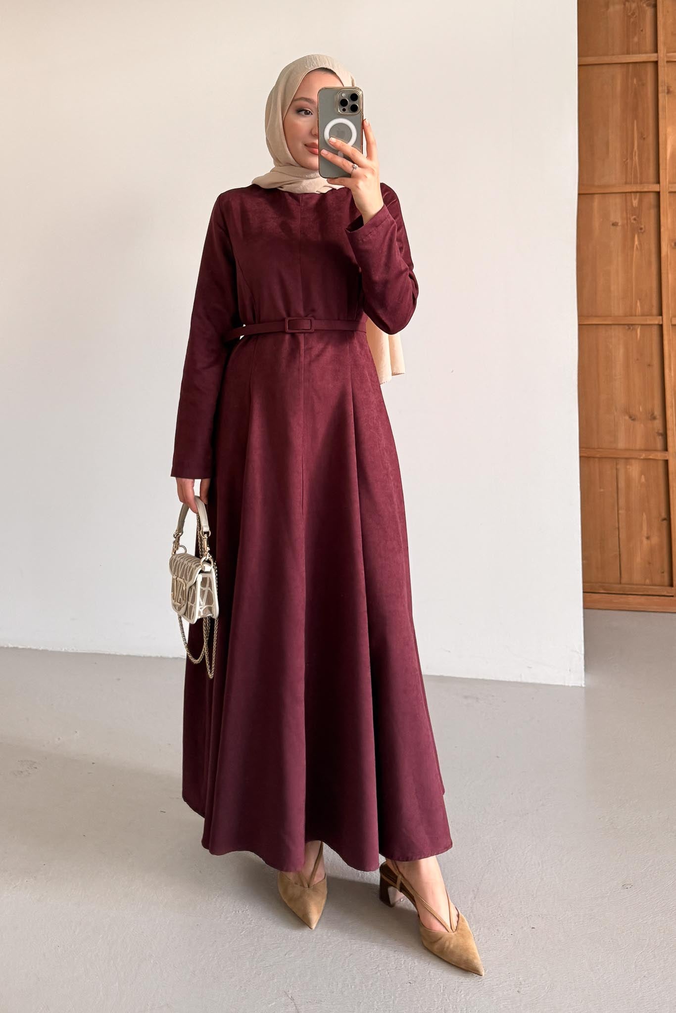 Süet Kemerli Elbise Bordo
