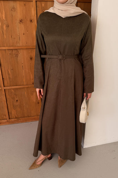 Süet Kemerli Elbise Haki