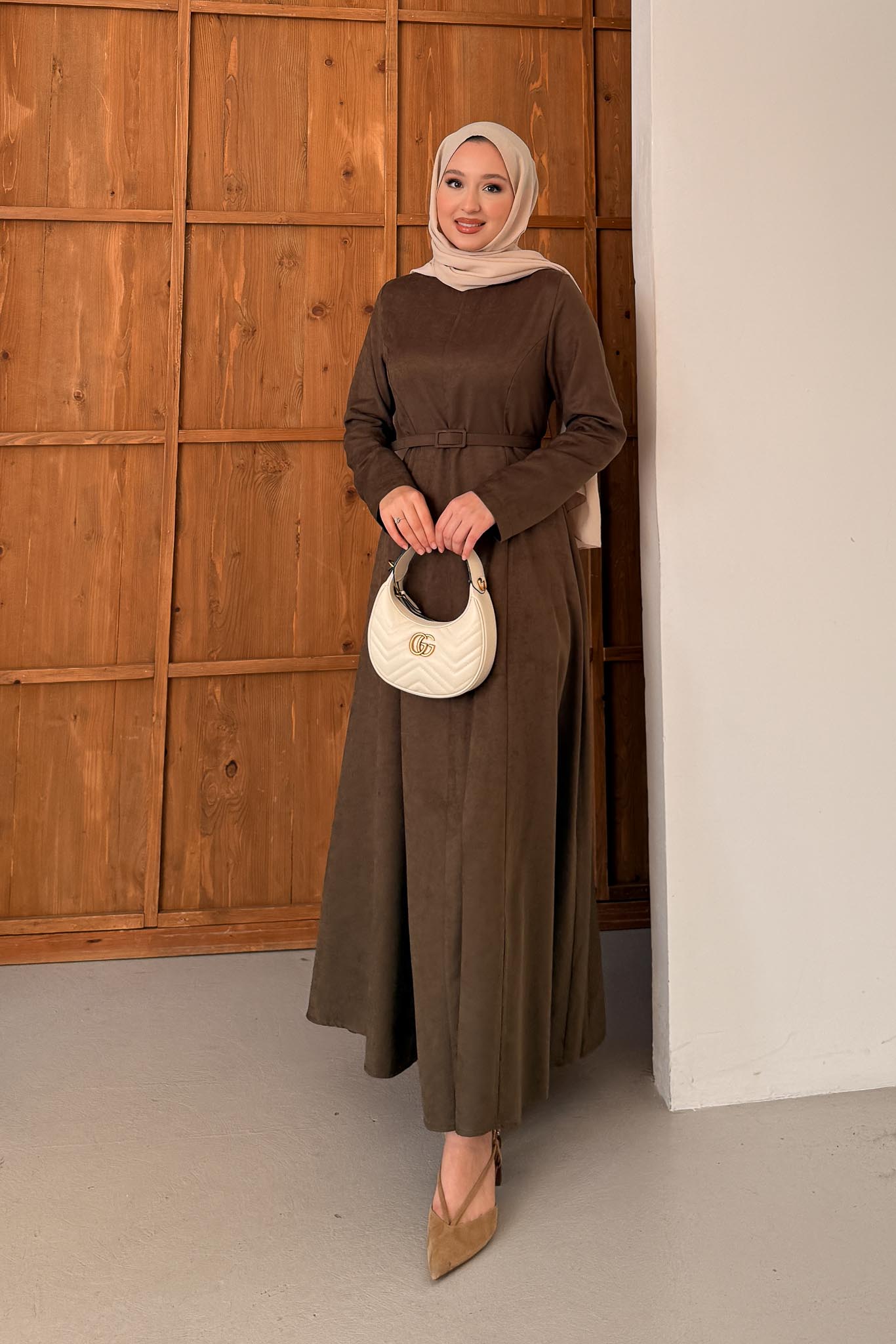 Süet Kemerli Elbise Haki