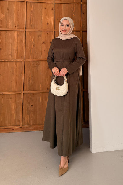 Süet Kemerli Elbise Haki
