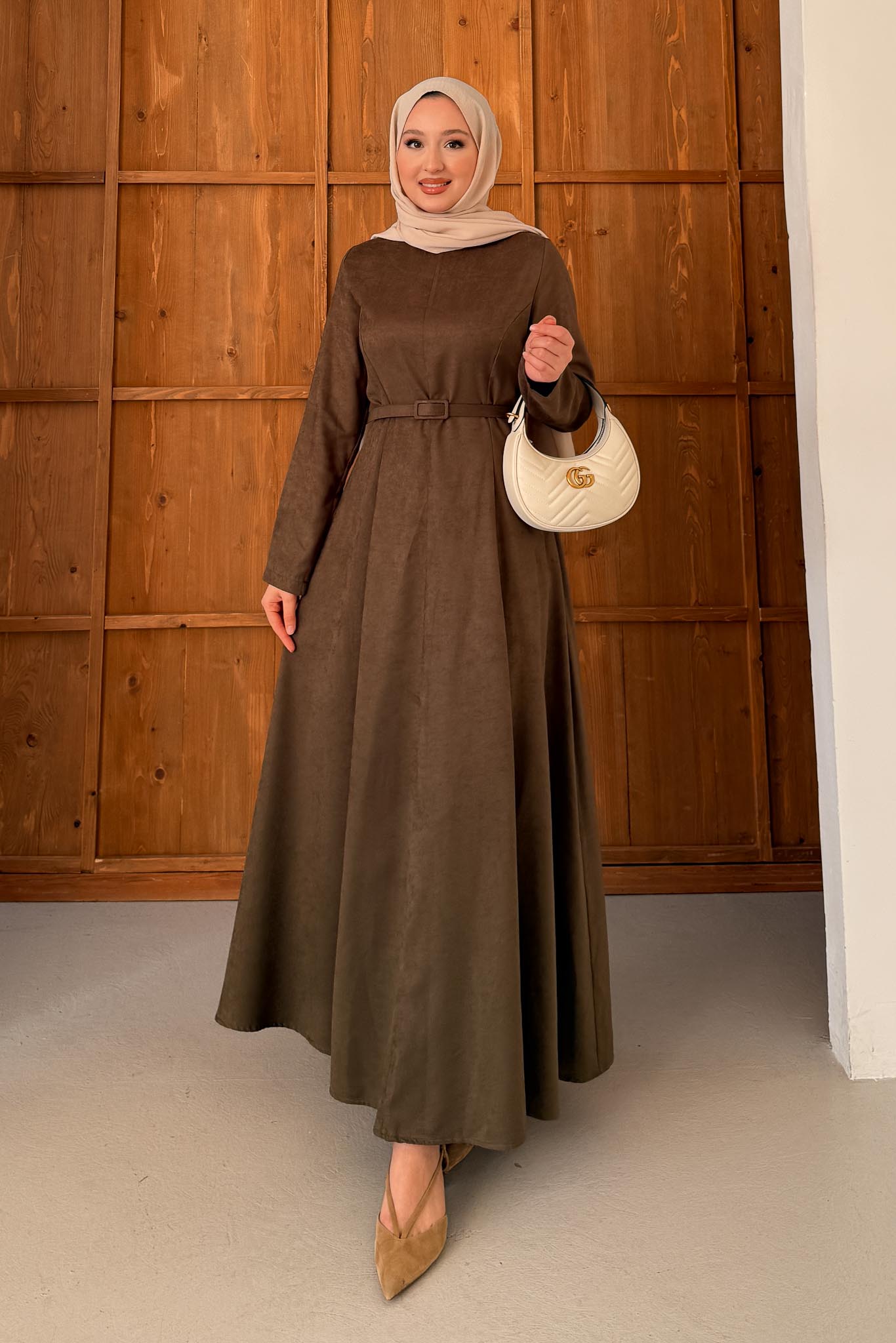 Süet Kemerli Elbise Haki