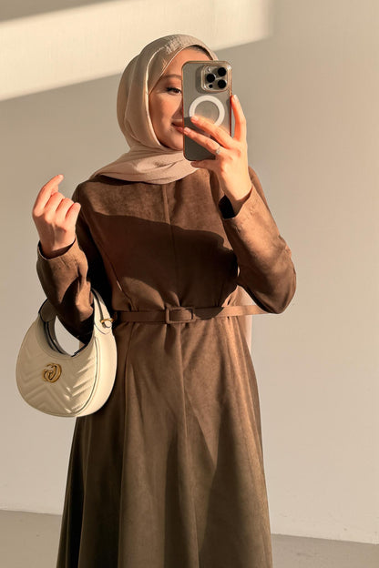 Süet Kemerli Elbise Haki