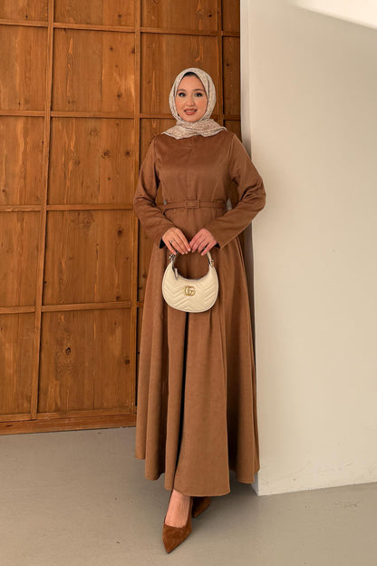 Süet Kemerli Elbise Vizon