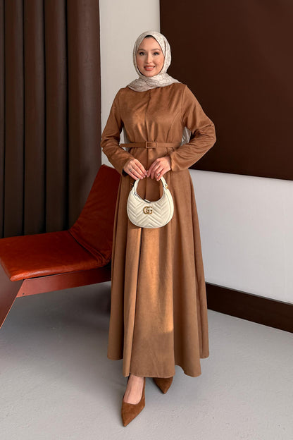Süet Kemerli Elbise Vizon