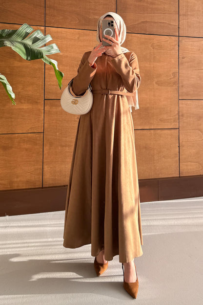 Süet Kemerli Elbise Vizon